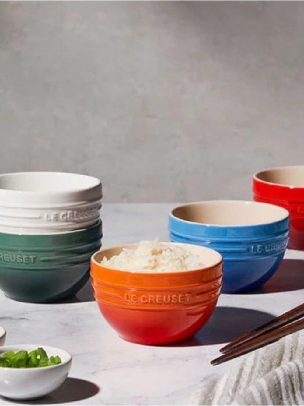 Le Creuset Multi-Color Stoneware Bowls in Orange, Blue, Green, Red, White